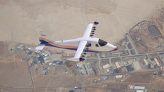 X-57 Maxwell, the first all-electric X-plane from NASA, flying over some territory