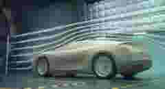 3D illustration. Clay car inside wind tunnel. Design without real car reference and without copyright. Concept sports car, industry of transportation.