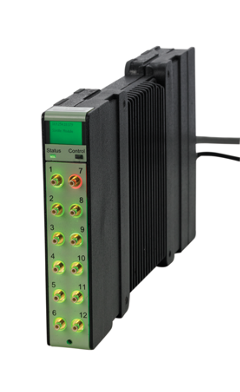 LAN-XI Module 3053-B-120 with Front Panel UA-2107-120, side front view, white background with cables