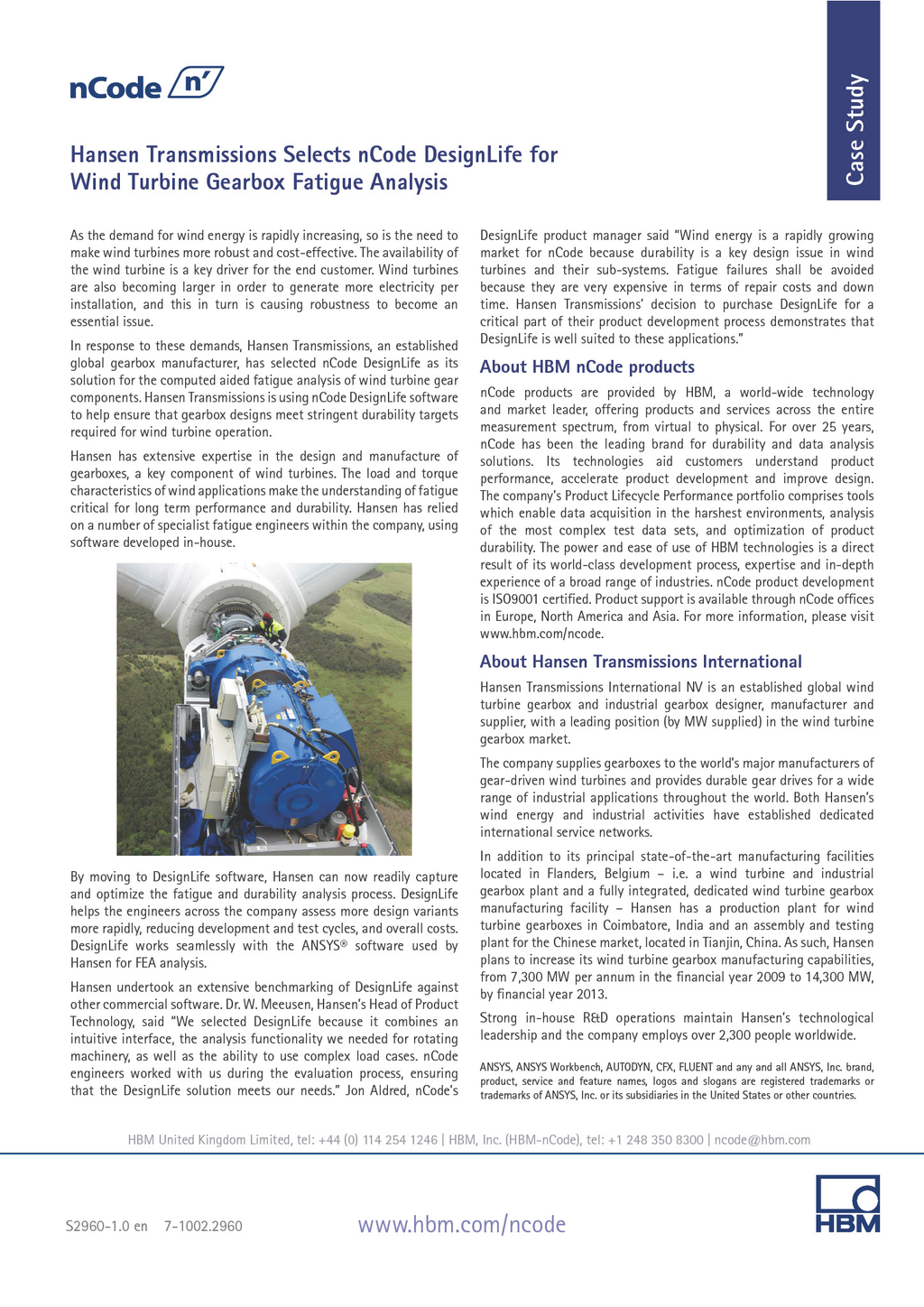 Hansen Transmissions selects nCode DesignLife for wind turbine gearbox fatigue analysis
