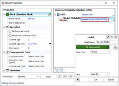 suporte blocksim Block Properties Window of Server1 and Model Wizard inset