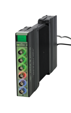 LAN-XI Module 3160-A-042 with Front Panel UA-2100-060, side front view, white background with cables