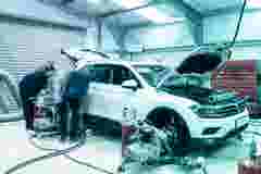 white car being tested