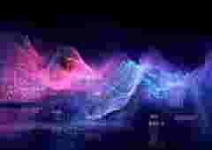 Artwork with colorful streaming data in waves on dark background