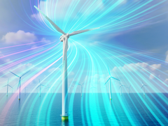 Wind turbinen digital wireframe and data streams AI