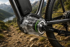 Ebike drivetrain close up with motor casing background