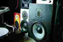 sound speakers, a record player and a sound panel