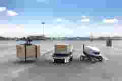 Autonomous delivery robot, Self-driving robot, Delivery drone, Business air transportation concept. 3D illustration