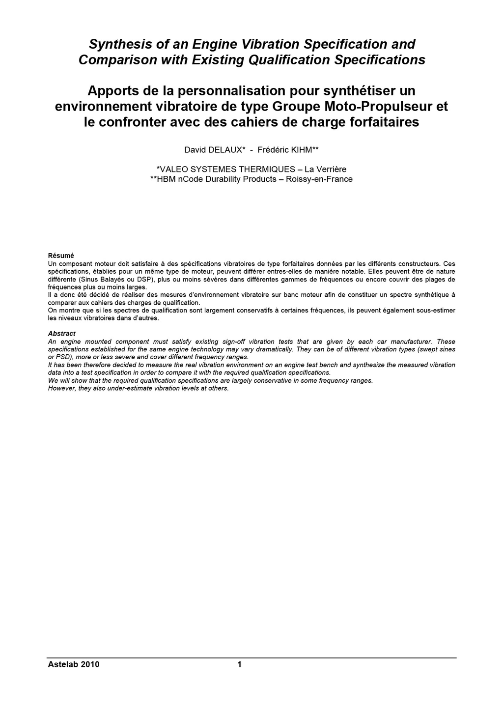 Synthesis of an enginve vibration specification and comparison with existing qualification specifications