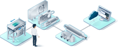Infographic of a measurement chain for sorting and batching in isometric perspective