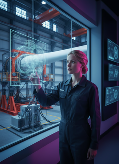 Energy engineer interacting with a hologram of a windturbine AI generated