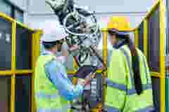 Engineers inspecting the robotic part of the machinery using a digital tablet