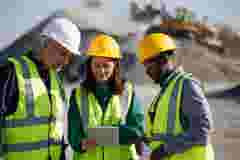 Three engineers discussing at building site with tablet computer