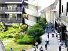 People walking in between office buildings