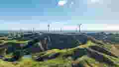Ariel view of wind turbines on the top of mountain with blue sky