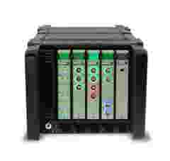 LAN-XI Frame 3660-C-100 with Battery Module 2831-A and four DAQ modules, front view, white background