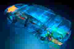 Representation of a car in 3D with the wheel and parts of the engine with OEM and tier suppliers highlighted